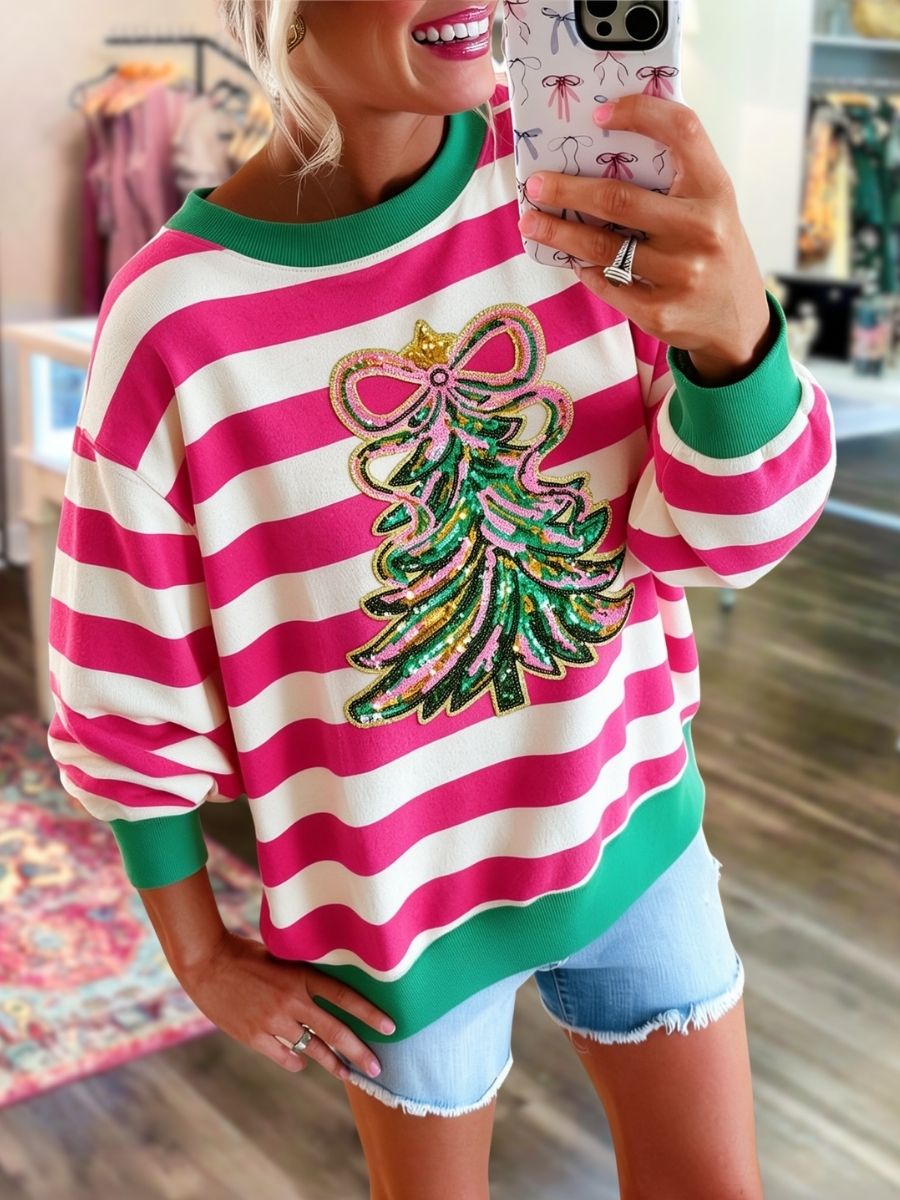 Christmas Tree Sequin Striped Colorblock Pullover