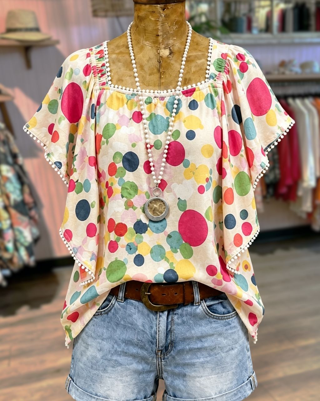 Colorful Polka Dot Square Neck Top