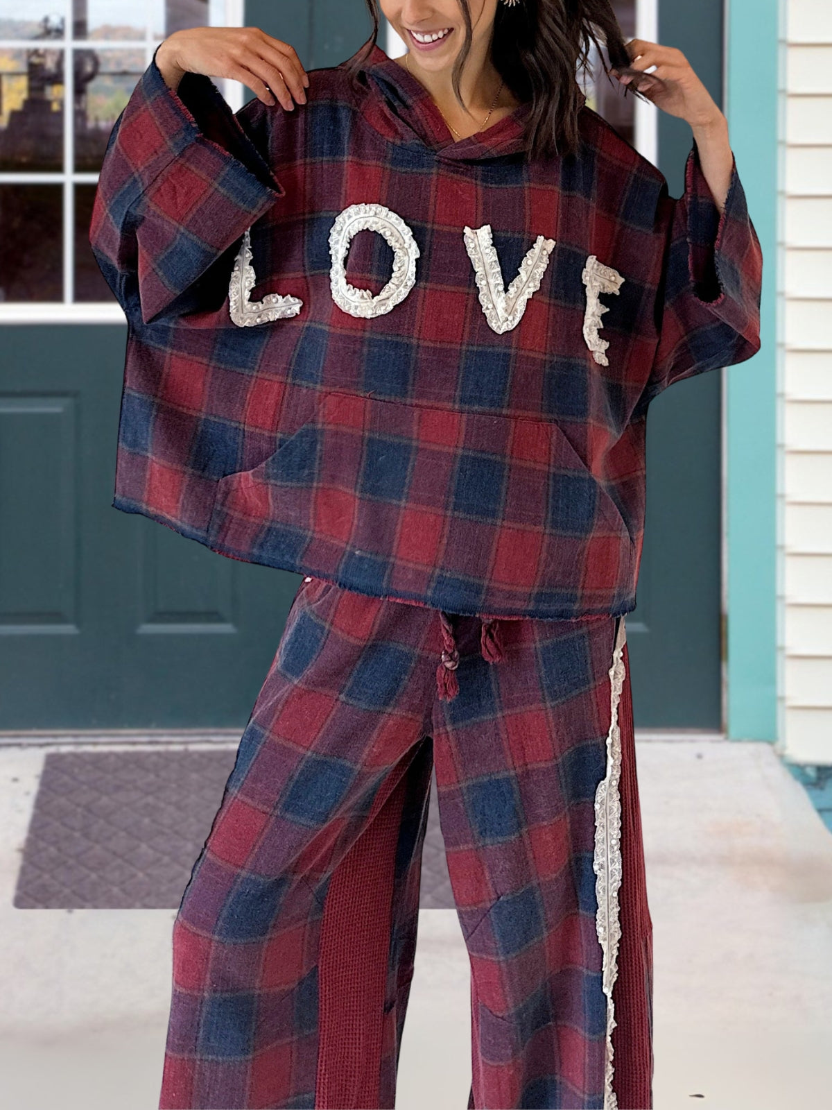 LOVE Patch Plaid Hooded Top