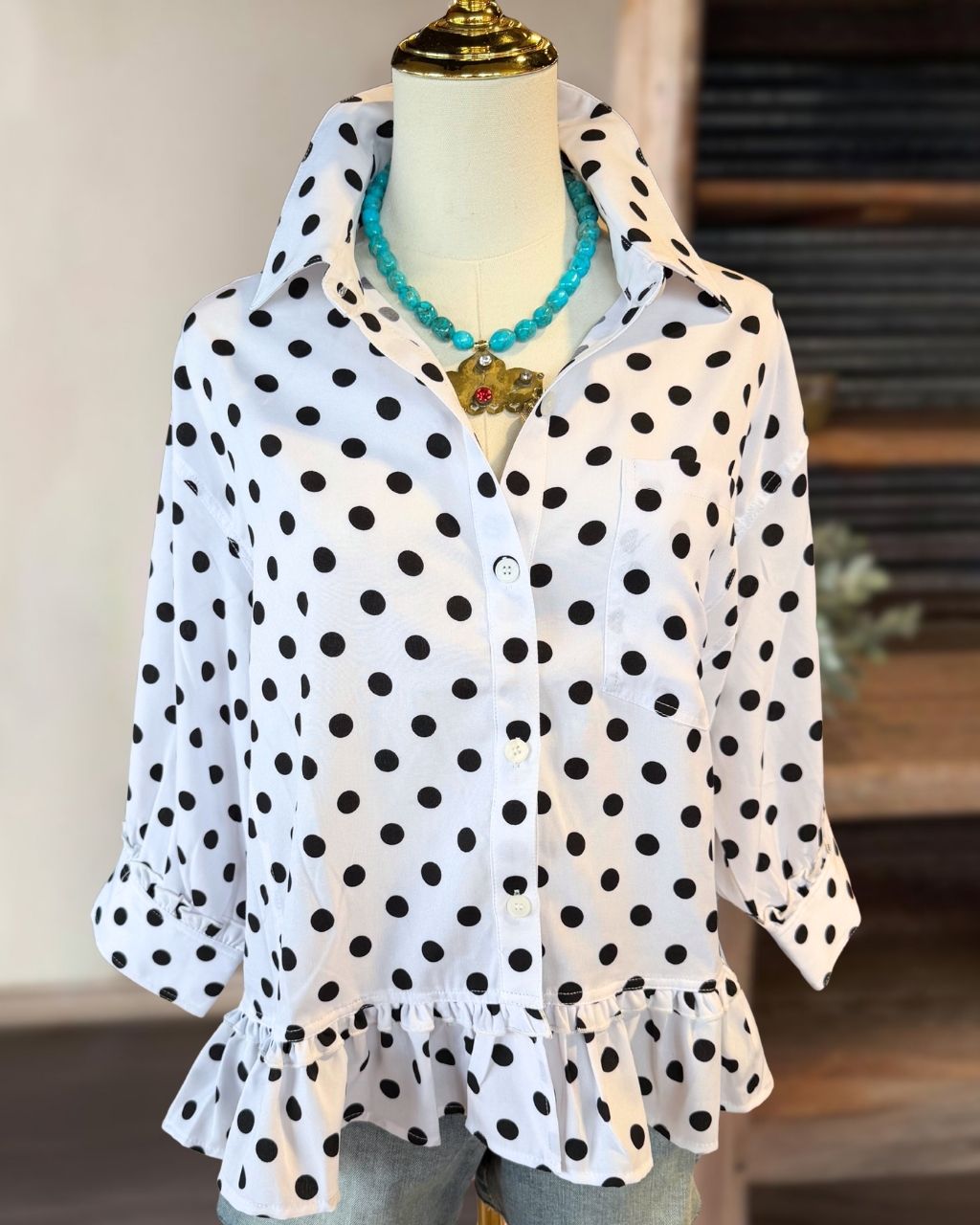 Polka-Dot Ruffled Hem Satin Shirt