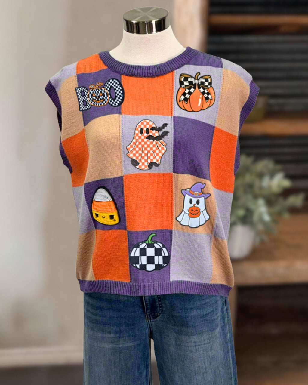 Halloween Checkered Ghost Pumpkin Embroidered Vest
