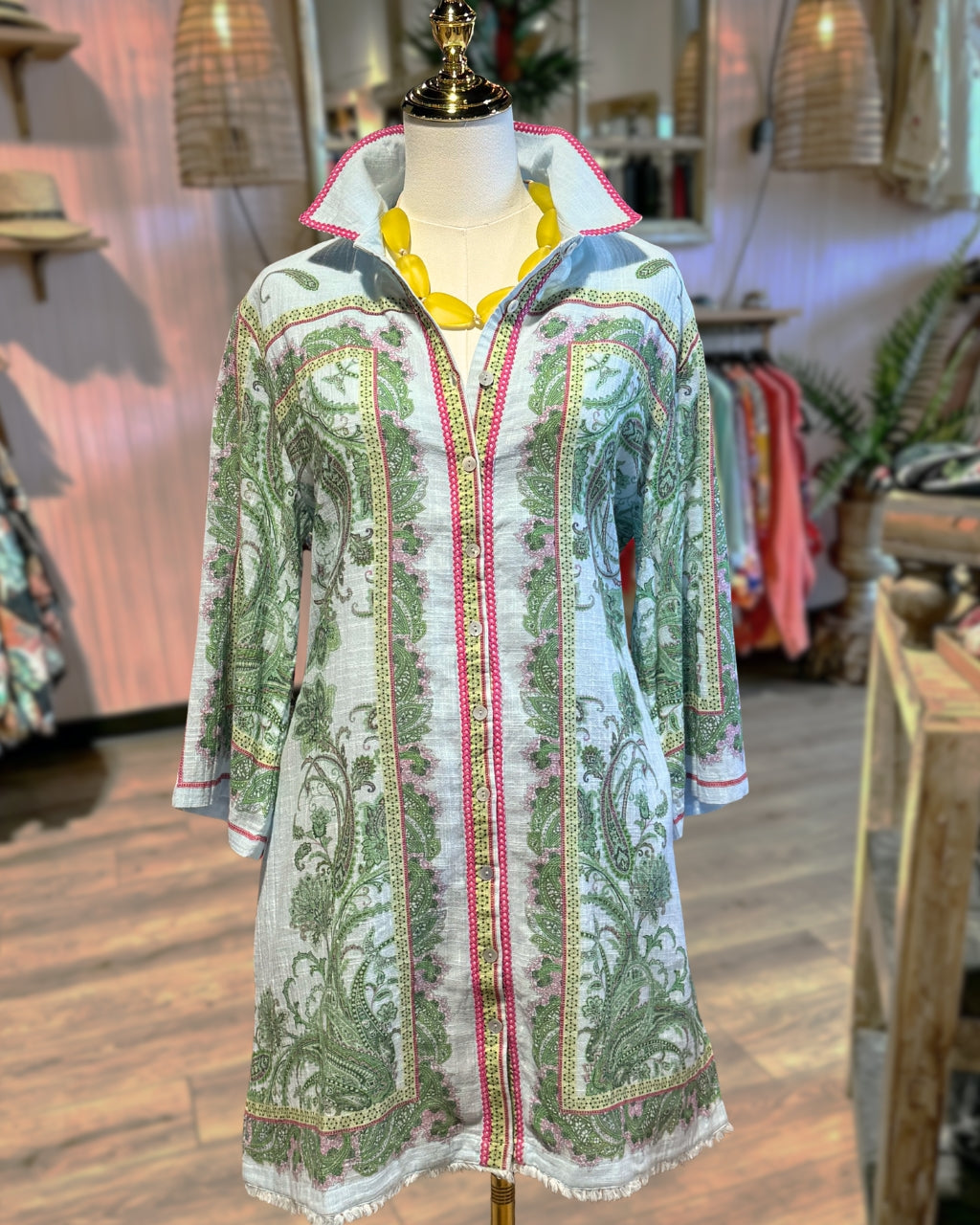 Paisley Pattern Linen Shirt Dress