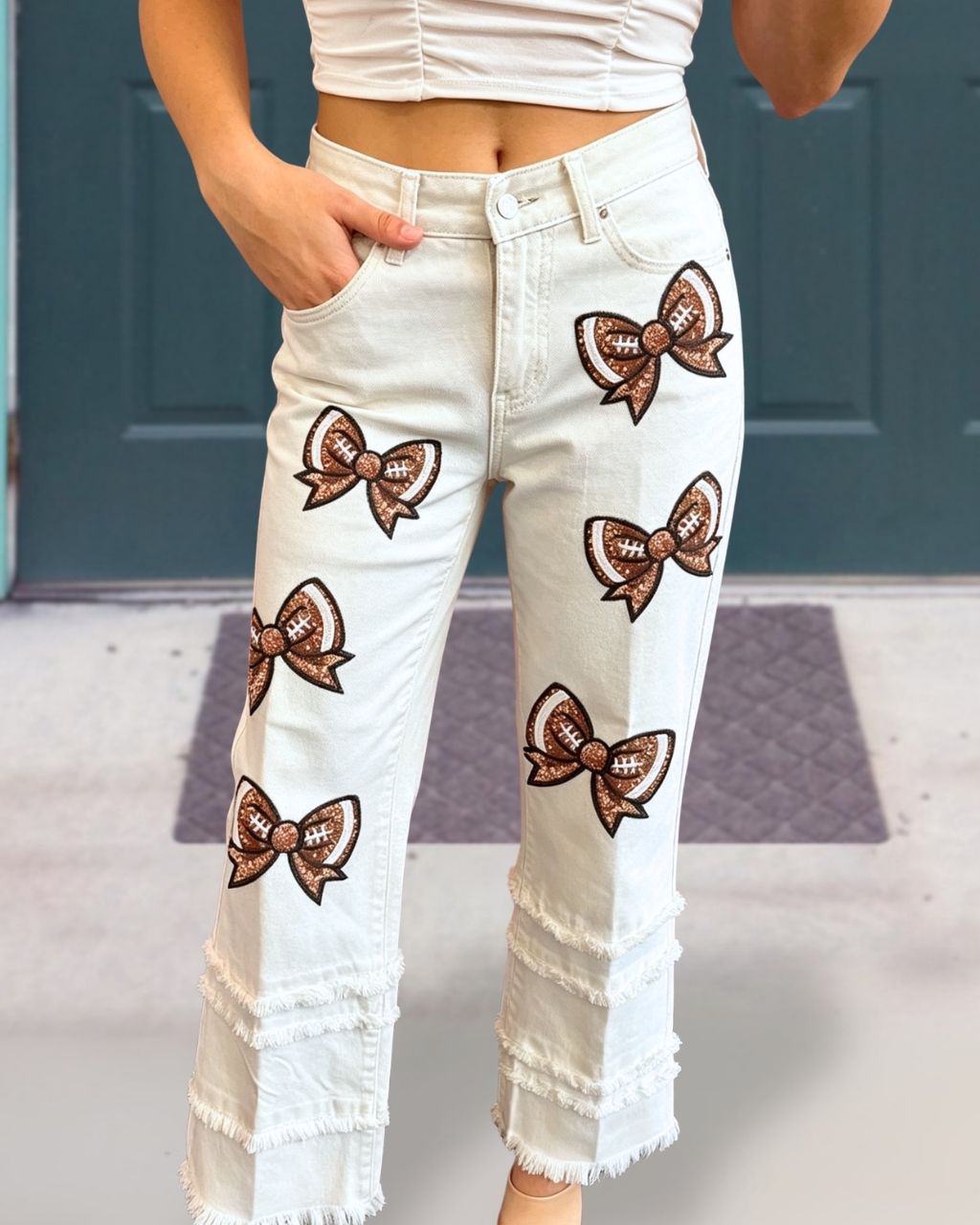 Bow Football Sequined Frayed Pants