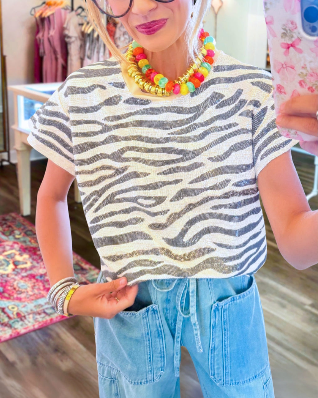 Zebra-print Sequined T-shirt