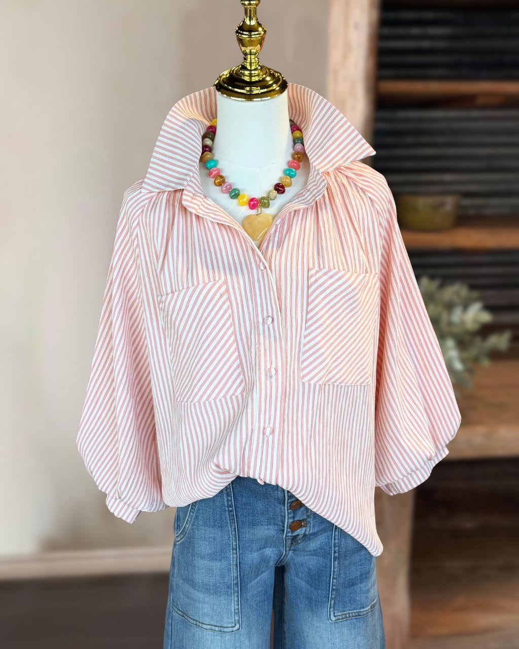 Stylish Puff Sleeves Striped Shirt