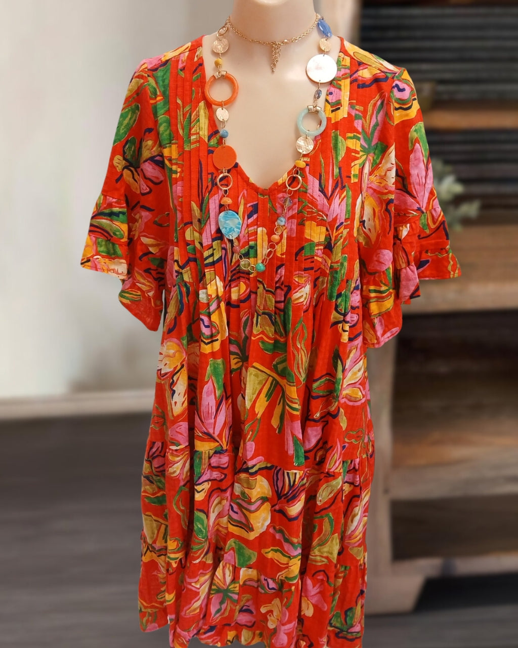 Brightly Floral Pleated V-neck Dress