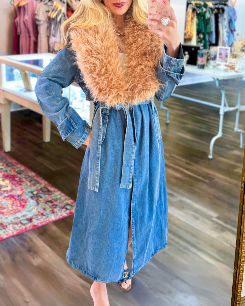 Chic Fur Collar Denim Trench Coat