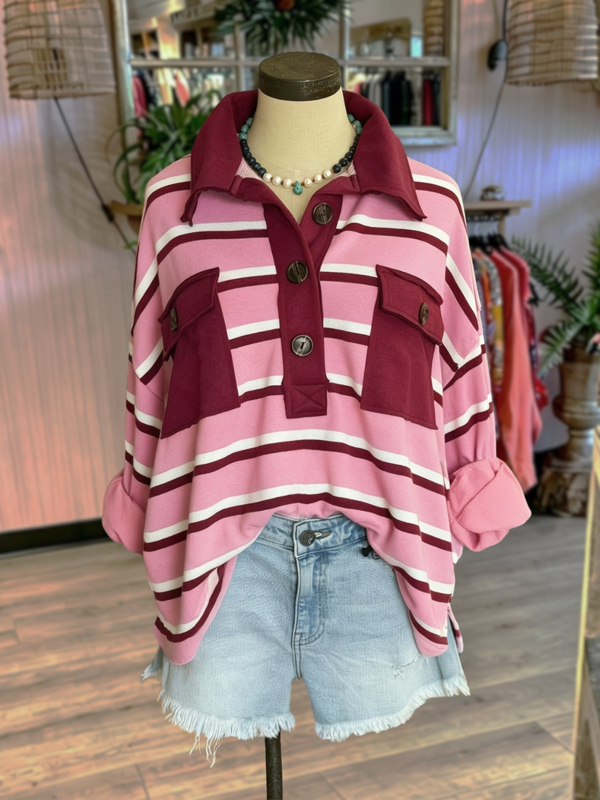 Loose Striped Large Pocket Top