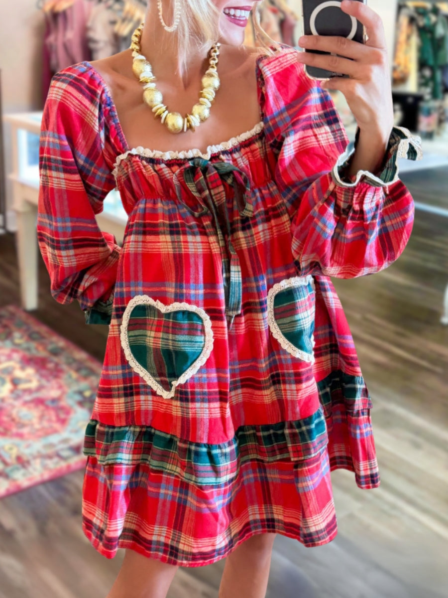 Christmas Plaid Heart-Patterned Ruffle Dress