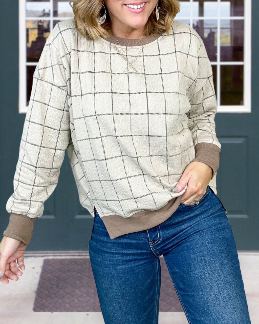 Checkered Texture Round Neck Pullover