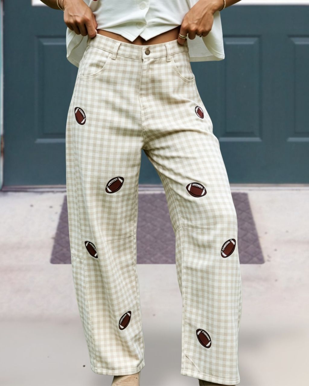 Football-embroidered Plaid Pants