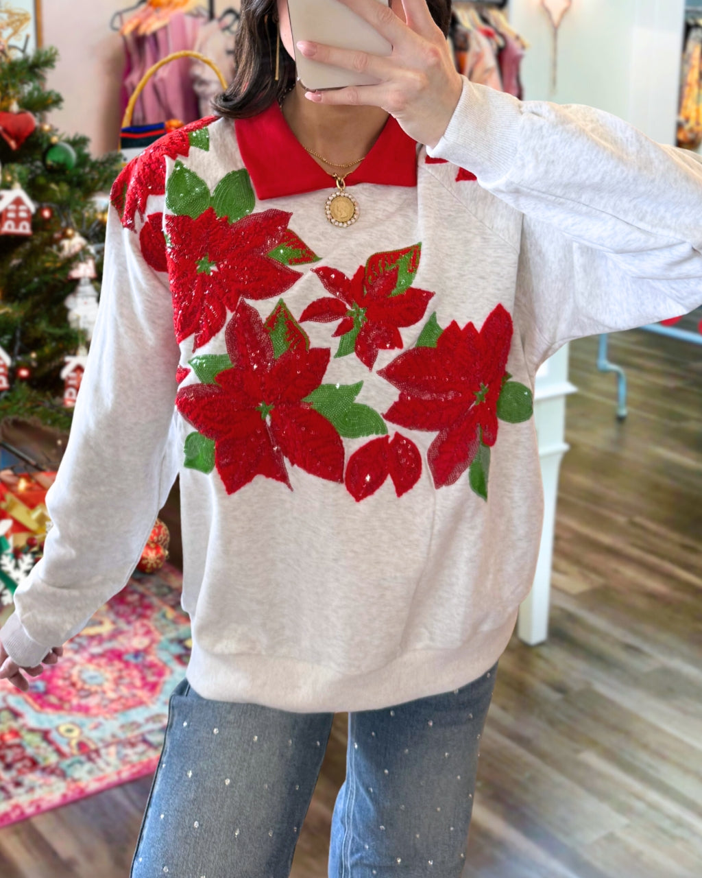 Christmas Leaf Embroidered Collared Pullover