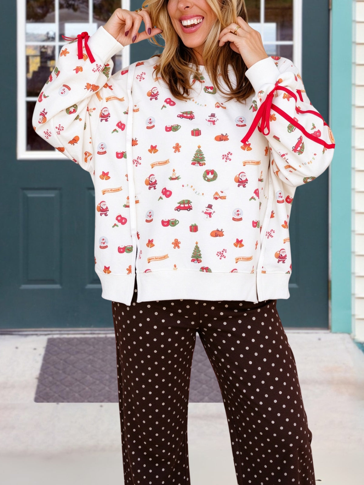 Christmas Print Webbing Bow Pullover