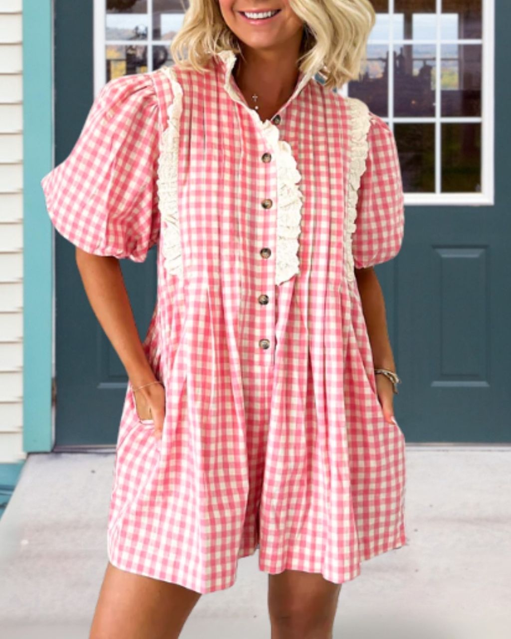 Plaid Lace-trimmed Puff Sleeve Jumpsuit