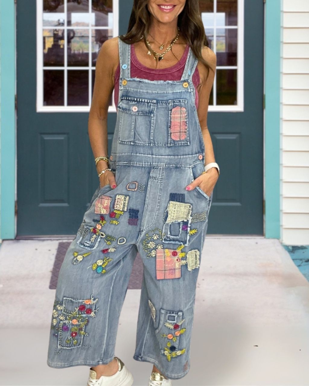 Vintage Floral Embroidered Denim Overalls