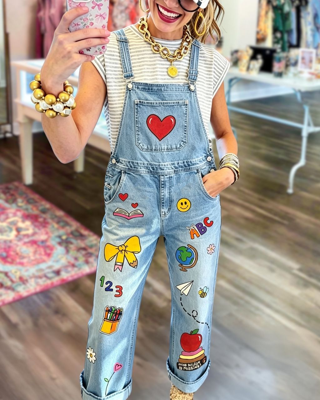 Back-to-School Themed Printed Denim Overalls