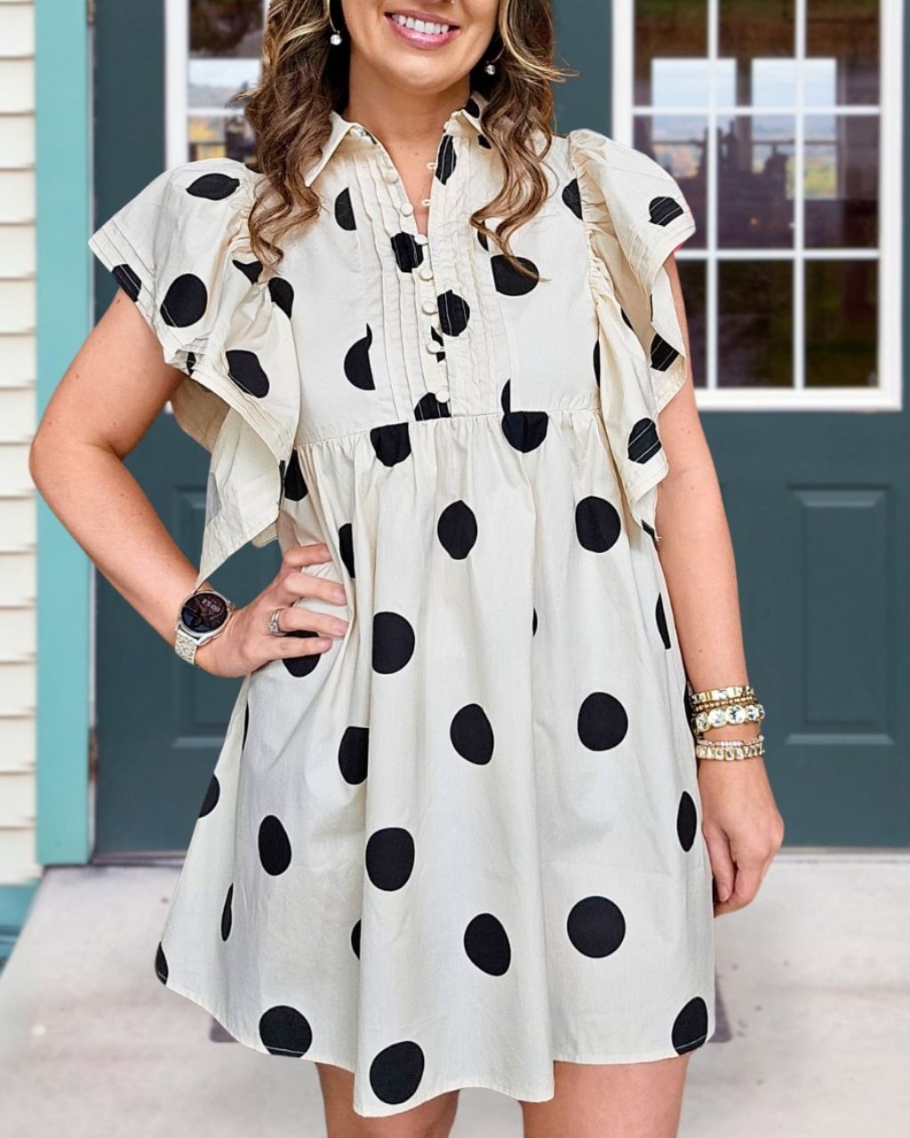 Polka-Dot Ruffled Pleated Satin Dress