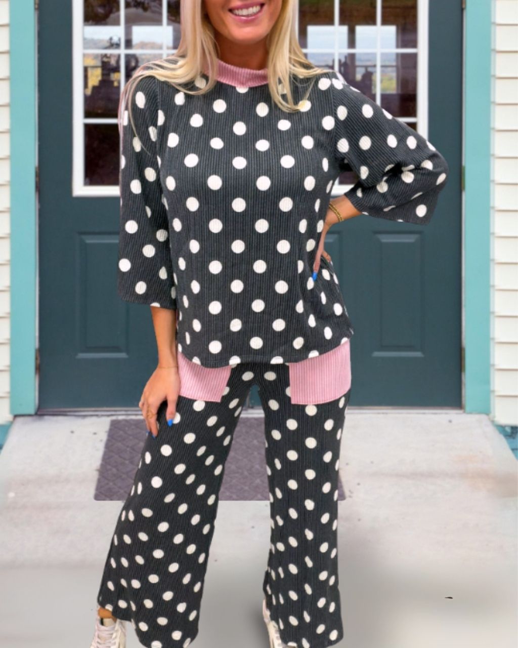 Polka Dot Contrasting Trim Ribbed Set