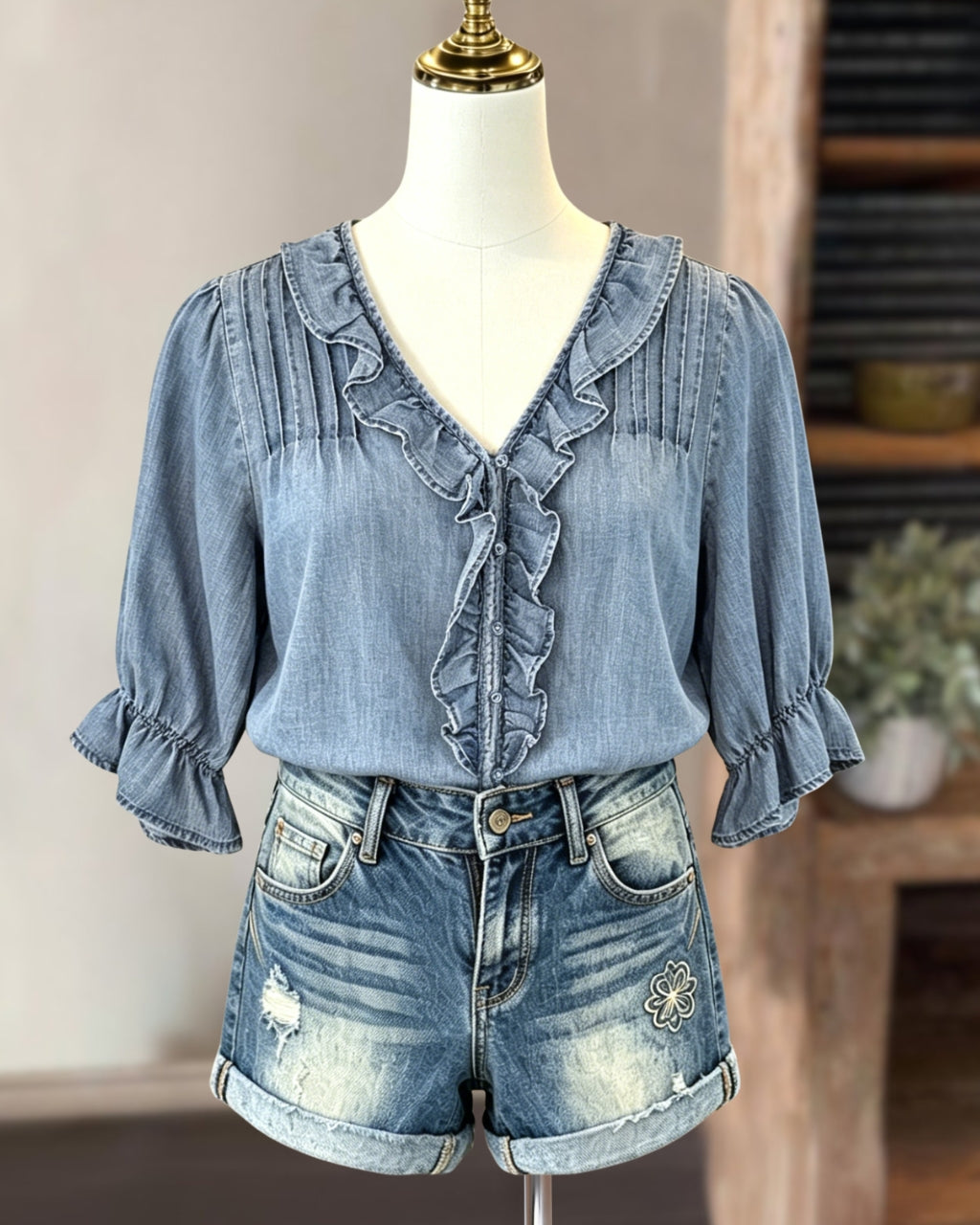 Ruffled Pleated V-Neck Denim Top