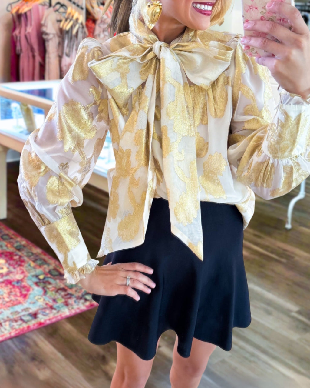 Chic Satin Floral Print Bow Blouse