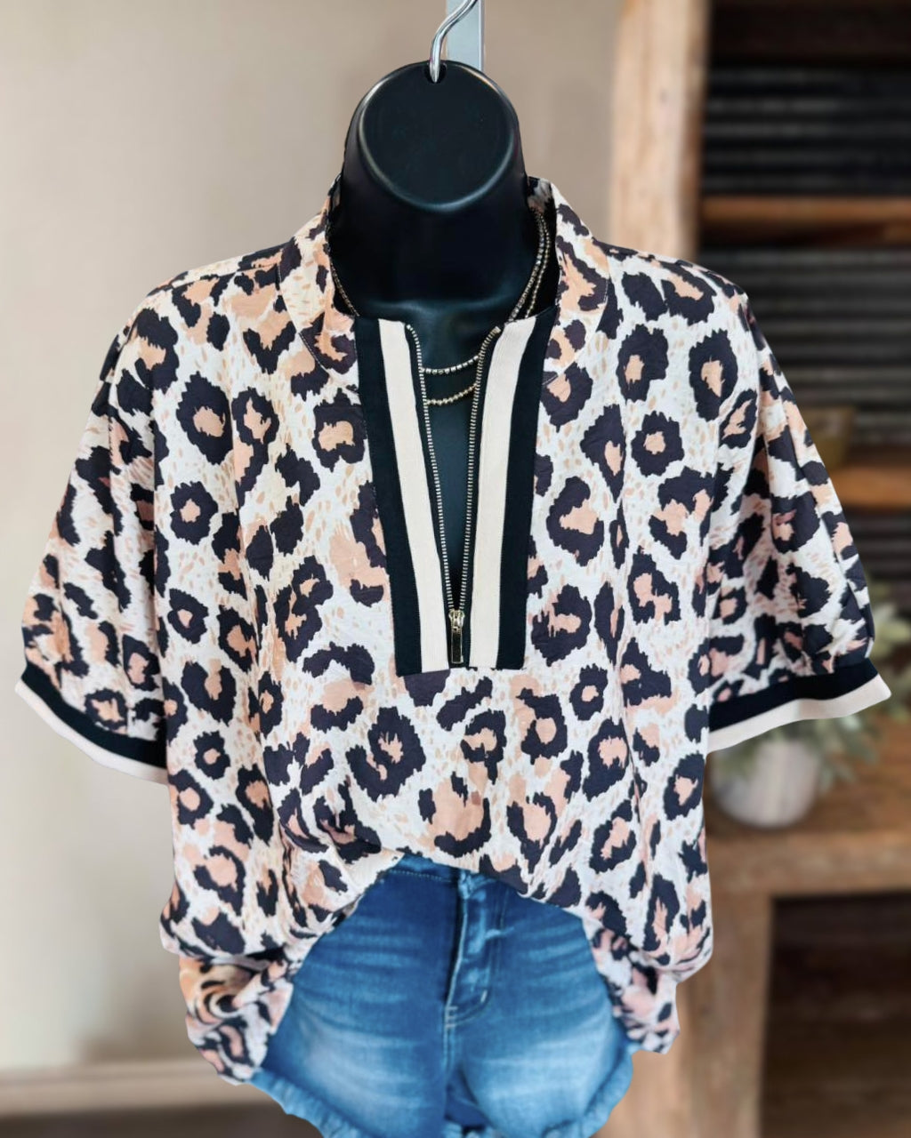 Trendy Leopard Half-zip Satin Top