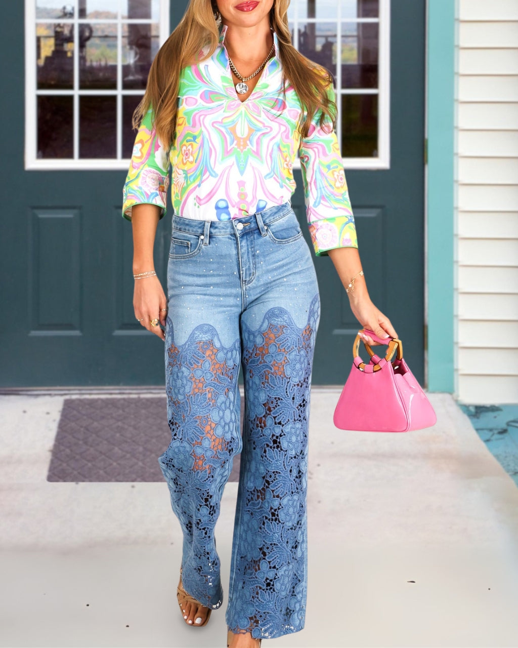 Rhinestone Lace Patchwork Jeans
