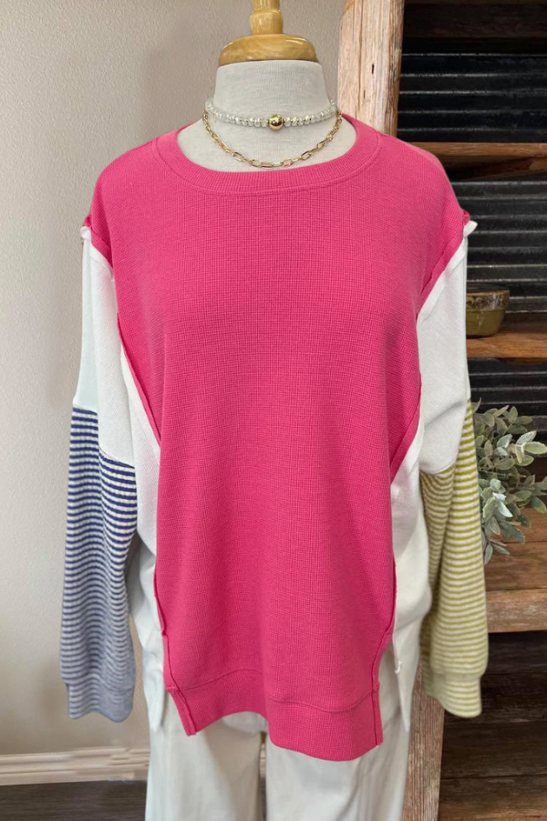 Color Block Stripe Sweatshirt-Pink