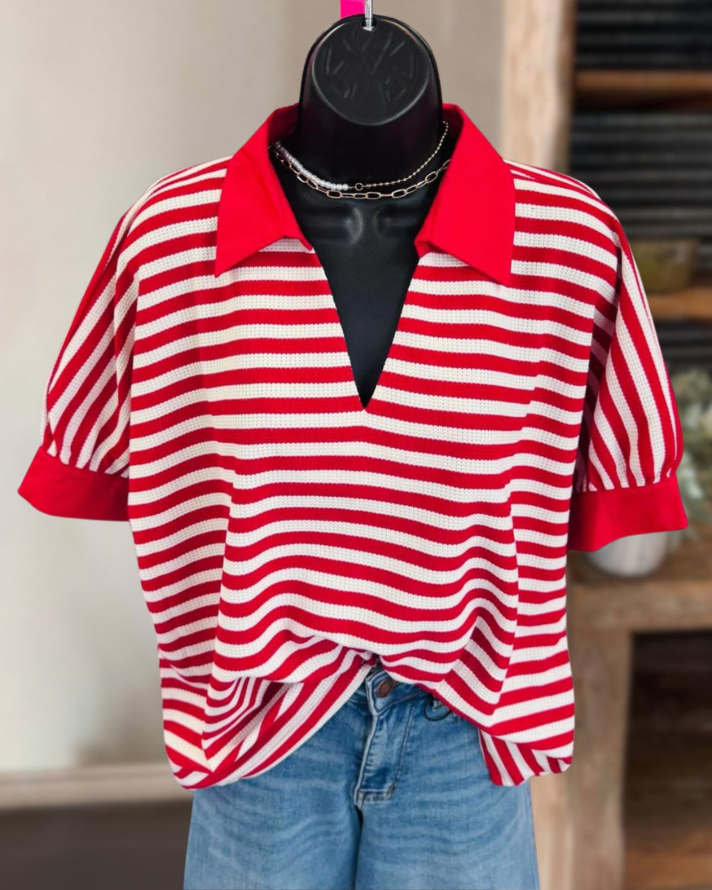 Waffle Stripe Collar T-shirt