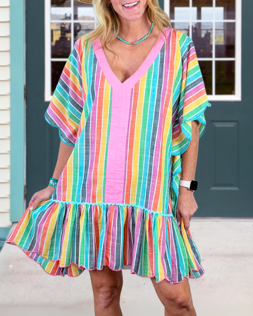 Rainbow Striped V-neck Dress