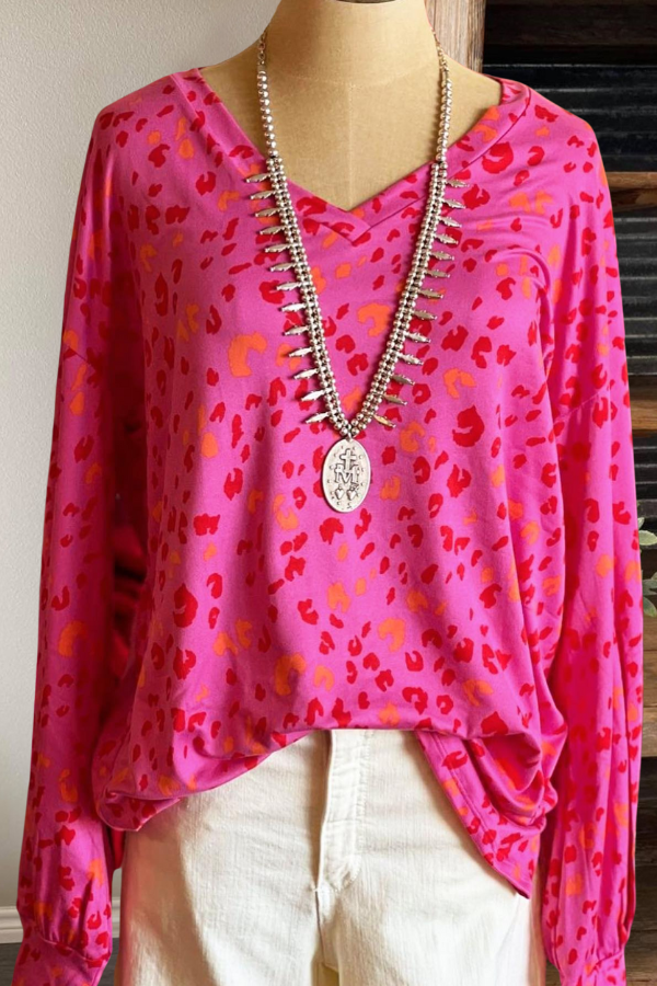 Vibrant Leopard Print V-neck Pullover