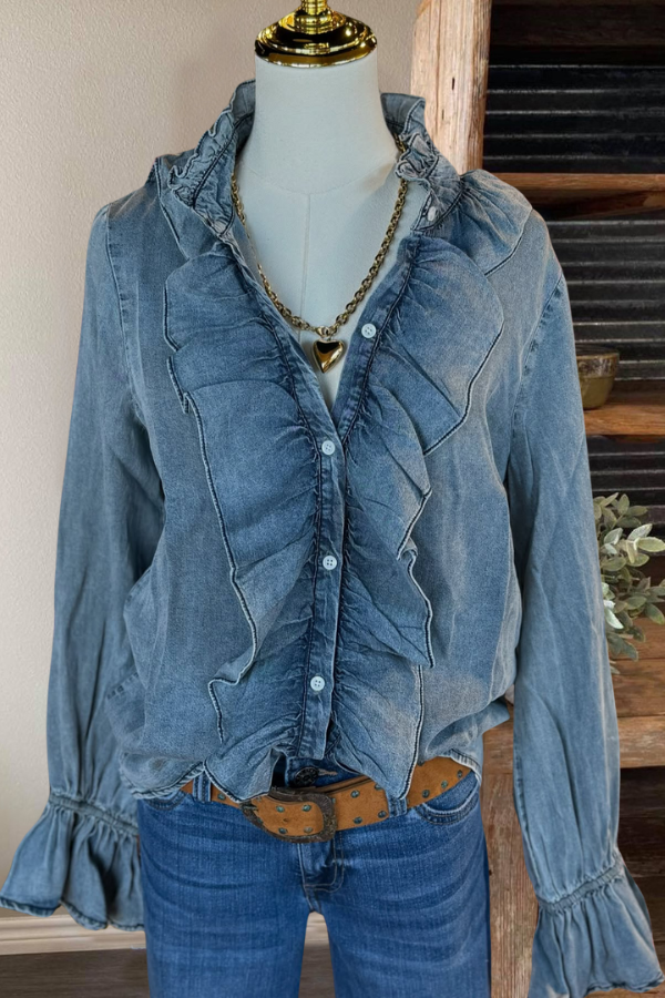 Flowy Ruffle Denim Blouse