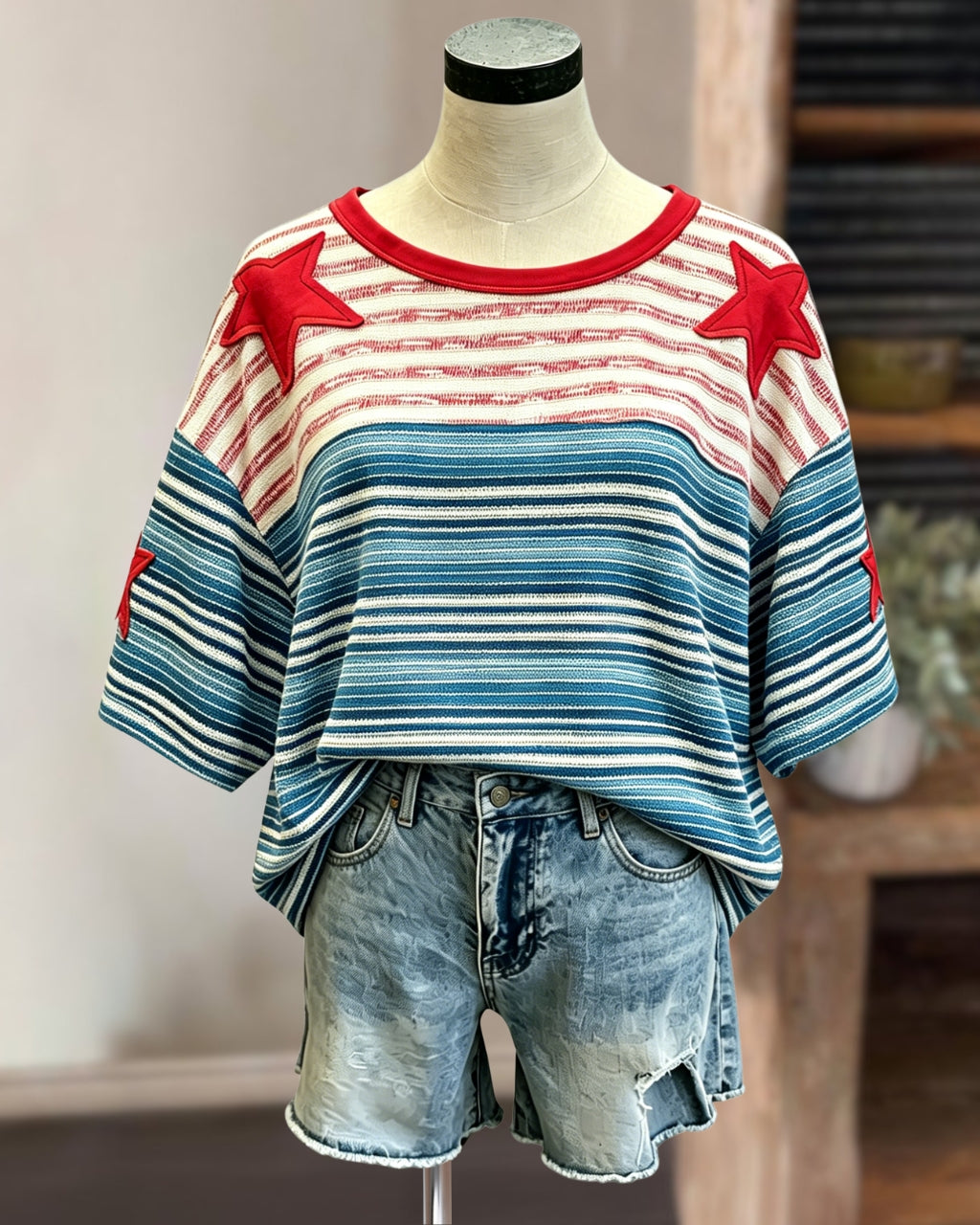 Star Appliqué Striped Patchwork T-shirt