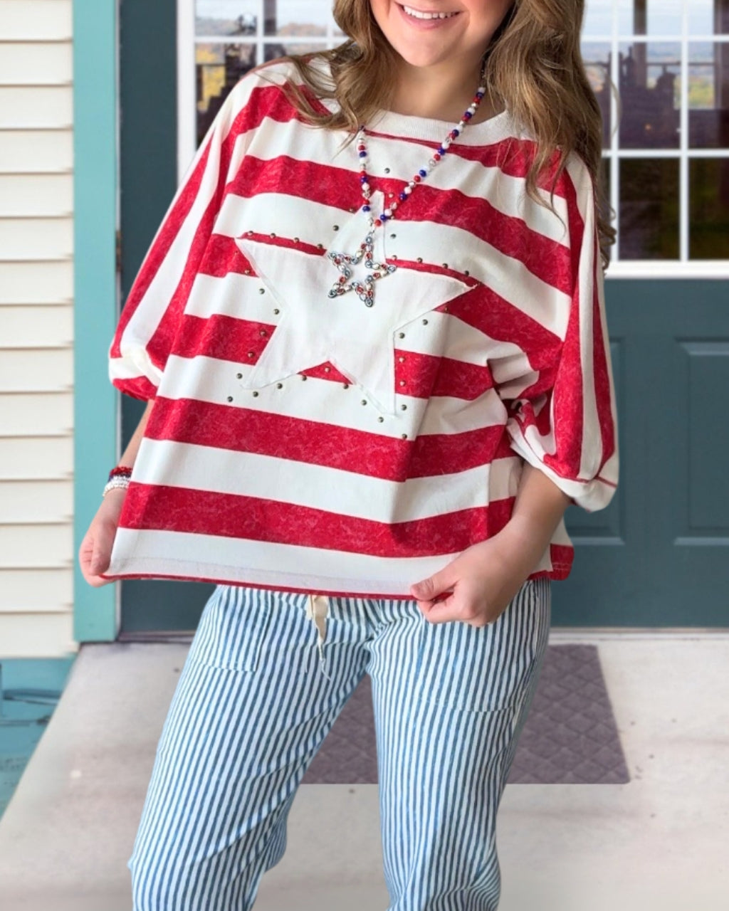 Star Rhinestone Striped Top