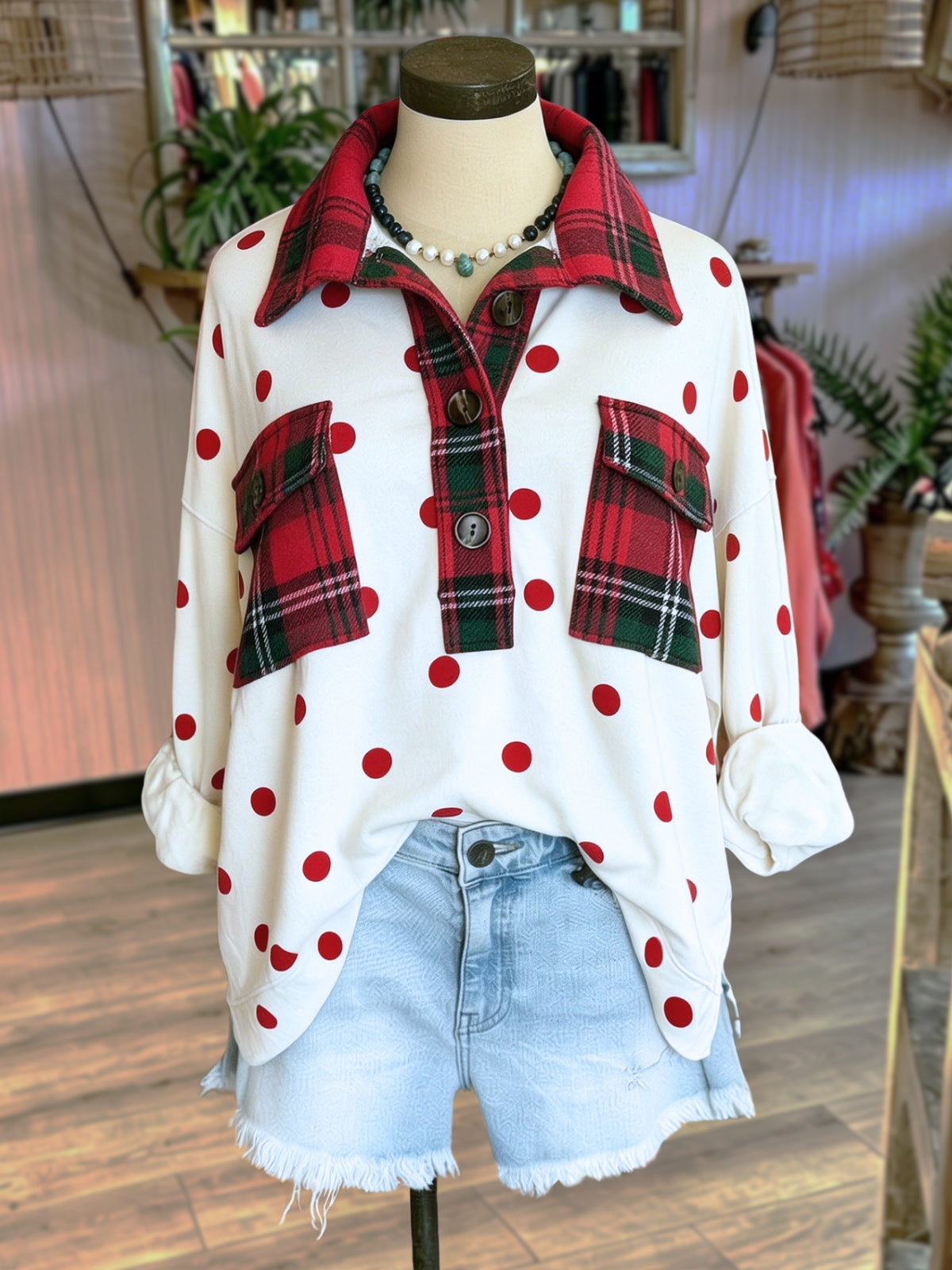 Plaid Polka Dot Patchwork Lapel Pullover