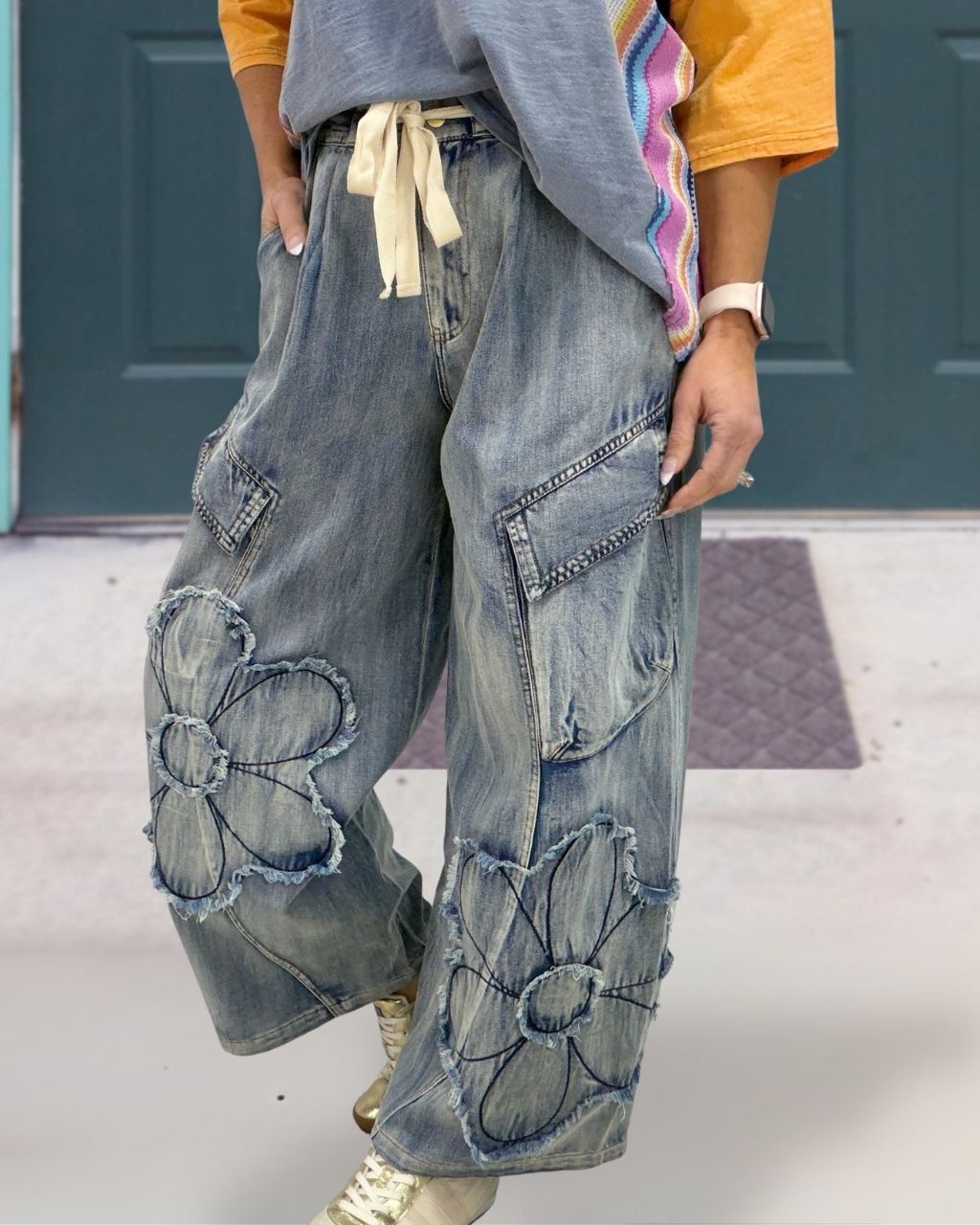 Floral Denim Wide-Leg Pants