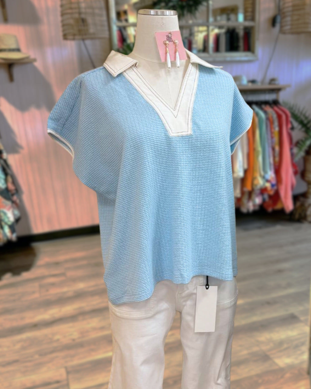 Color-blocked Collared Knit Top