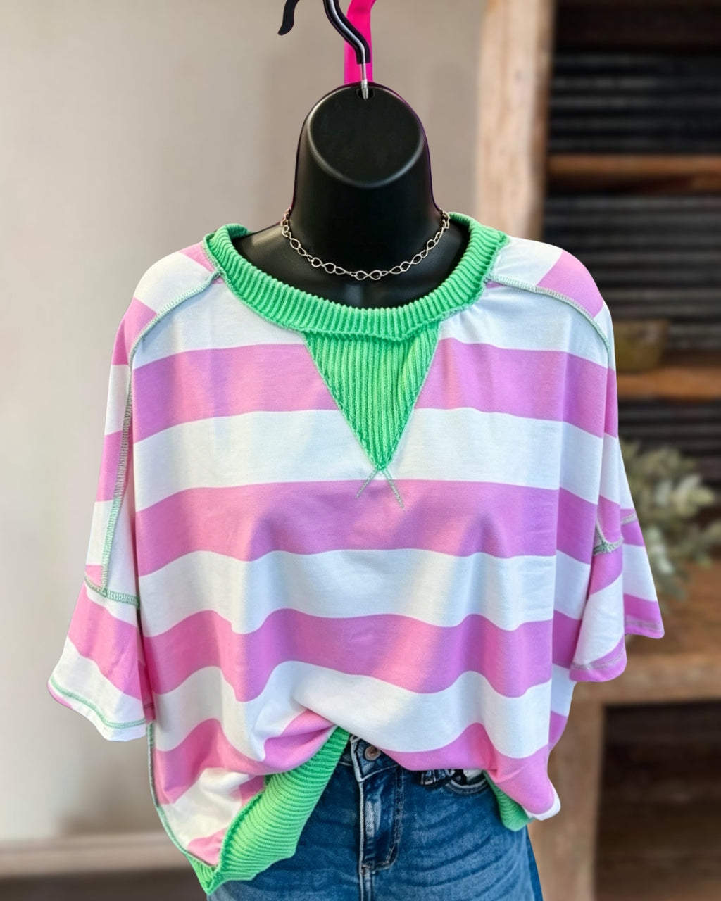 Reverse Stitching Striped Ribbed Trim T-shirt