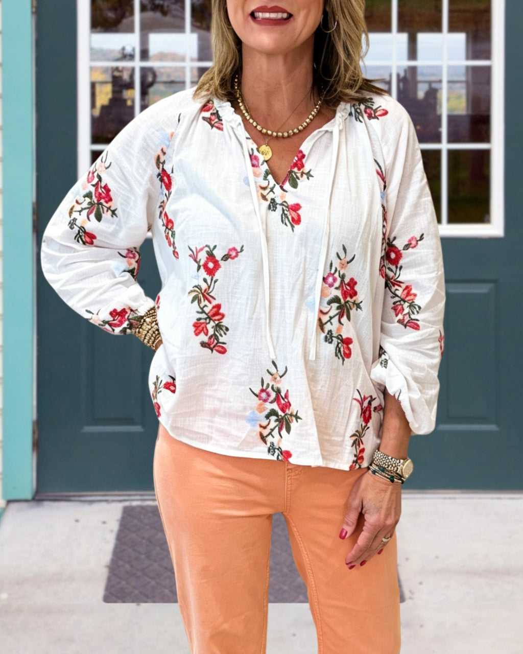 Floral Embroidered Linen V-Neck Top