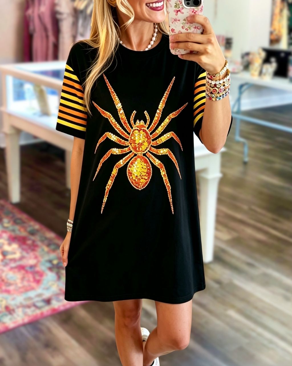 Halloween Gold Spider Sequin T-Shirt Dress