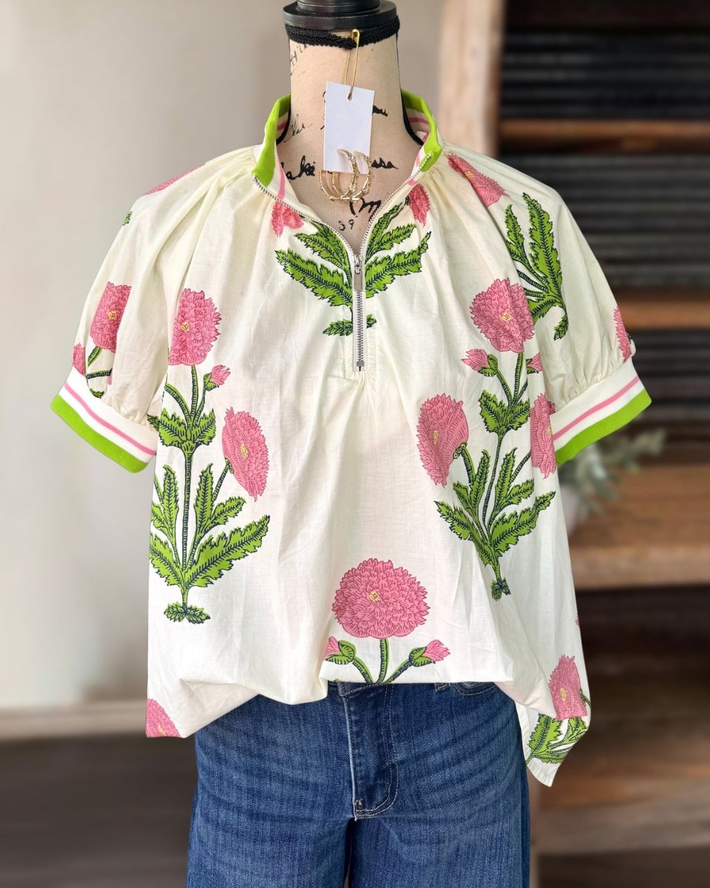 Floral Striped Trim Half-Zip Top