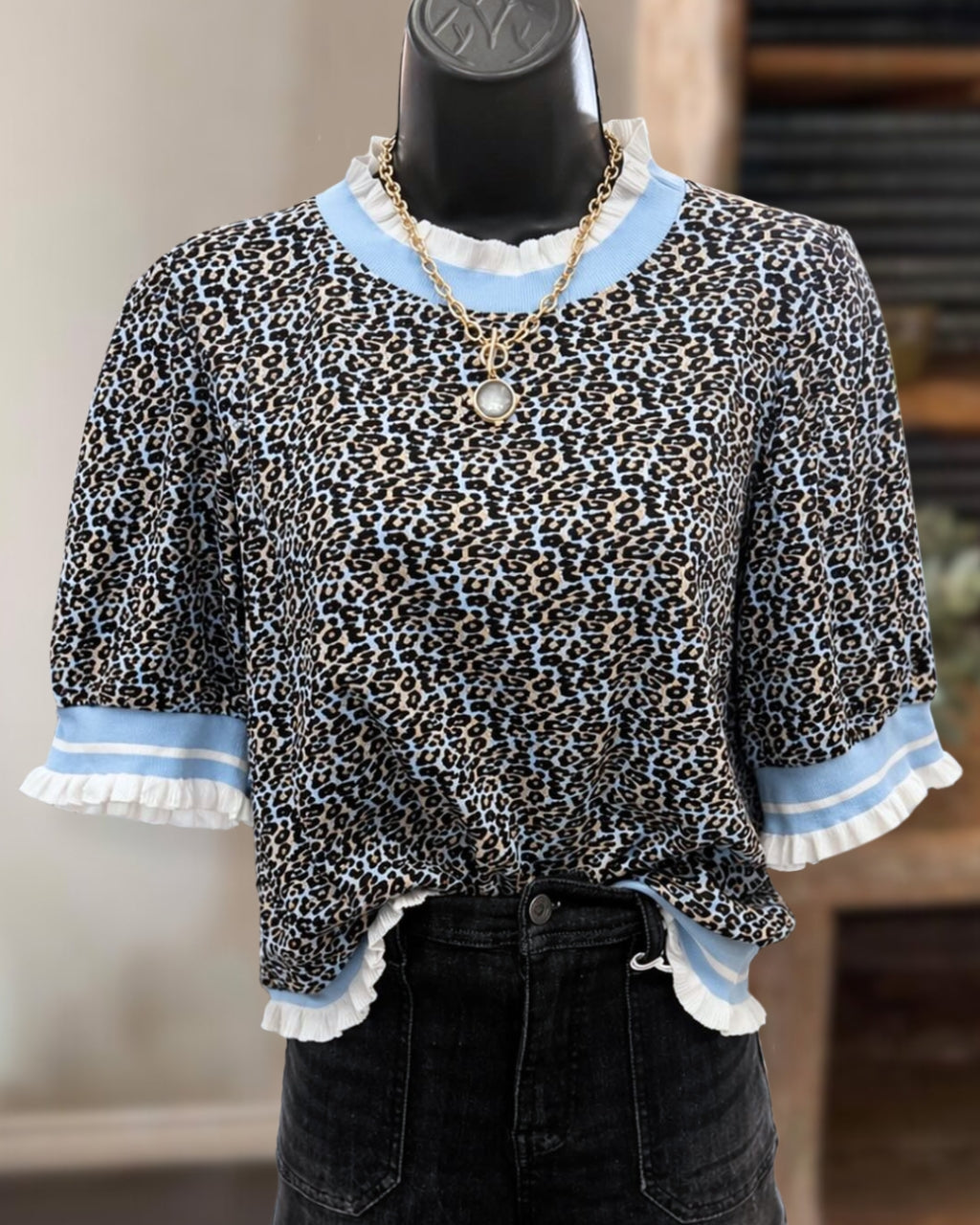 Leopard Ruffle Trim Top