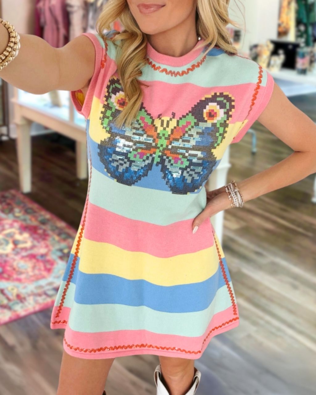 Colorful Striped Butterfly Embroidered Dress