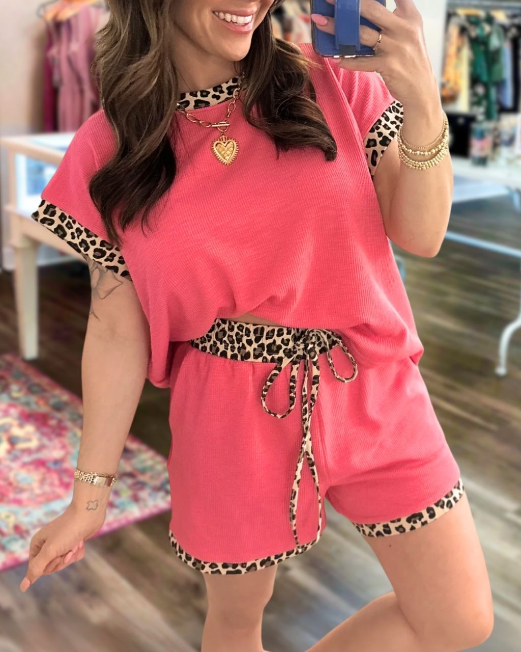 Ribbed Leopard Print Trim Shorts Set