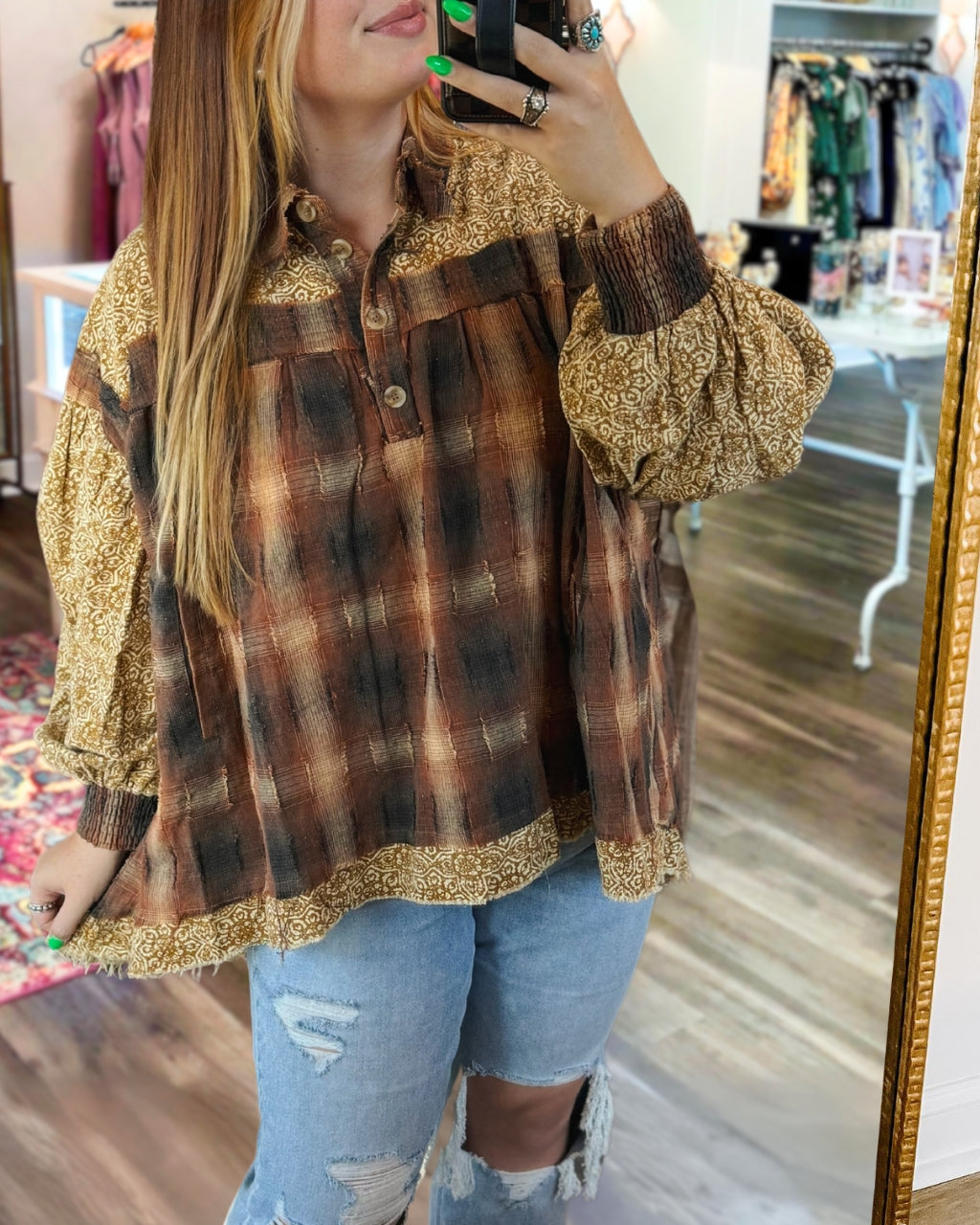 Seersucker Check Patchwork Shirt