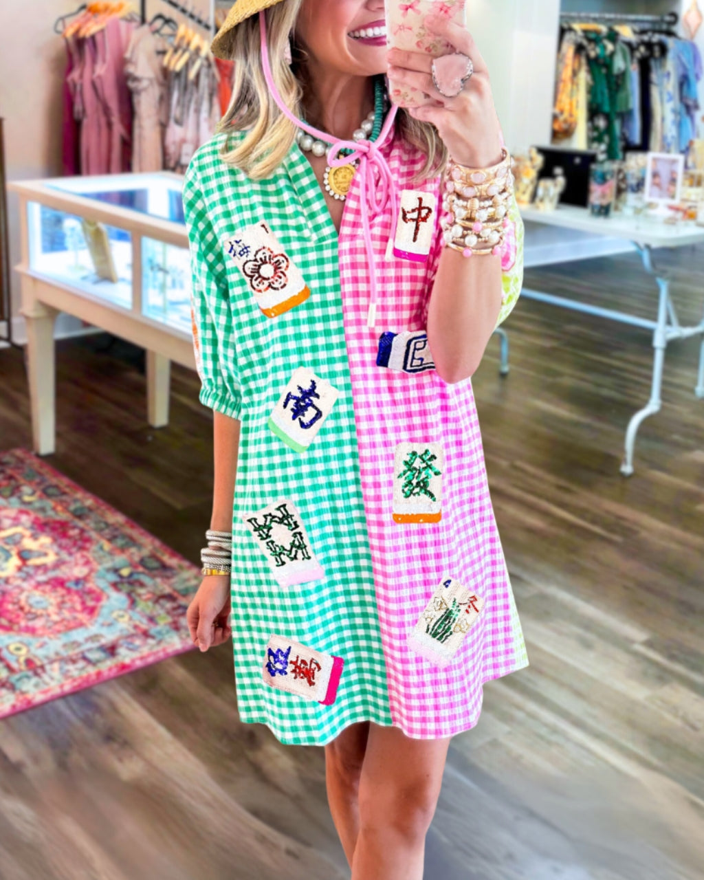 Mahjong Sequined Contrast Plaid Dress