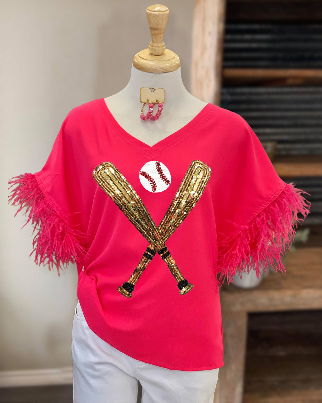 Baseball Sequin Feather Tee-Red