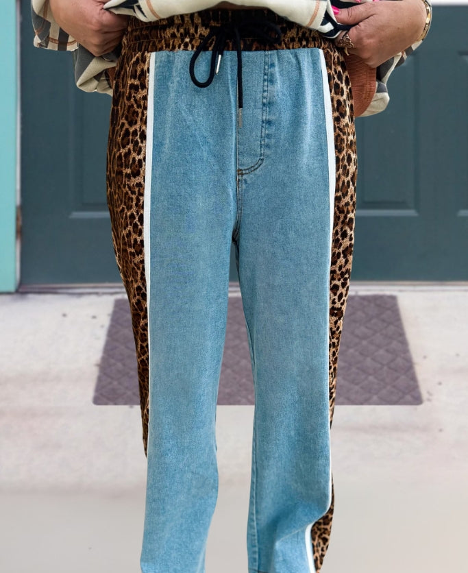 Leopard Print Patchwork Denim Pants
