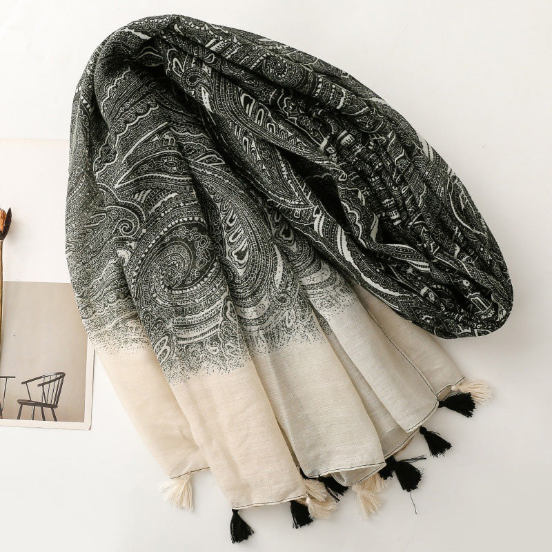 Paisley Tassel Gradient Silk Scarf