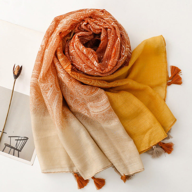 Paisley Tassel Gradient Silk Scarf