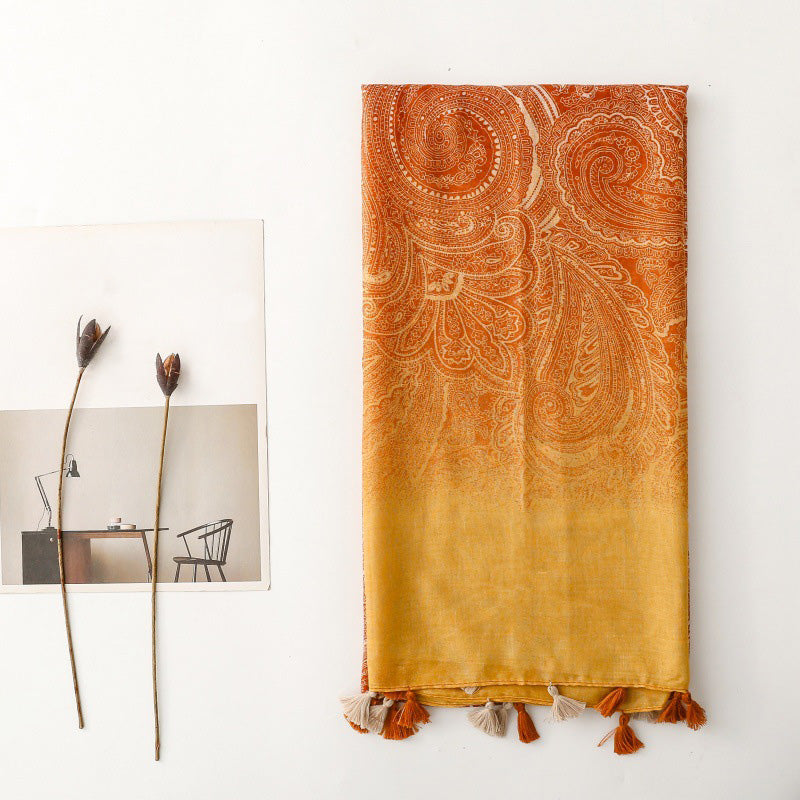 Paisley Tassel Gradient Silk Scarf